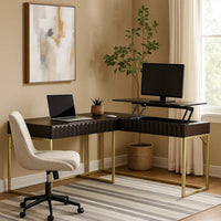 Fredie Corner Desk with Lift-Top USB Port, Gold Frame, Walnut Brown - BM342559