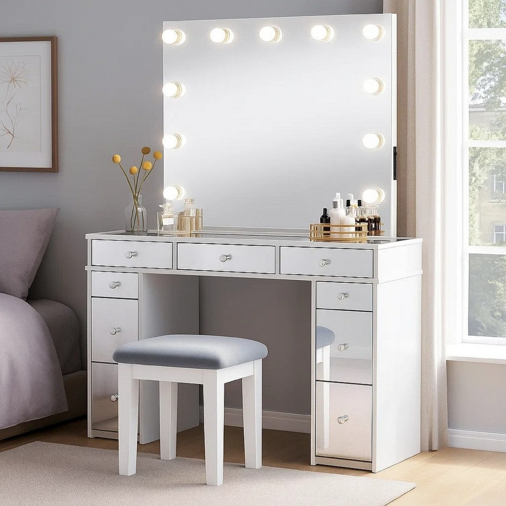 Margo Vanity Set with Lighted Mirror and Padded Stool, White-Gray - BM342561