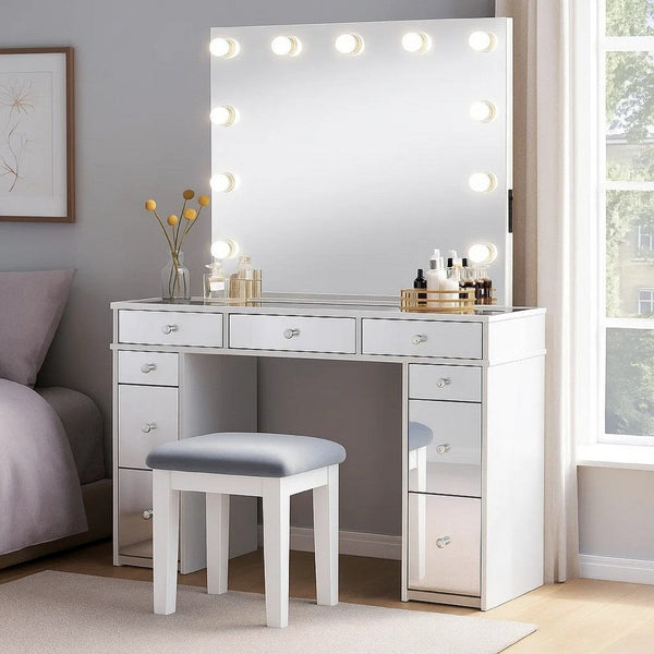 Margo Vanity Set with Lighted Mirror and Padded Stool, White-Gray - BM342561