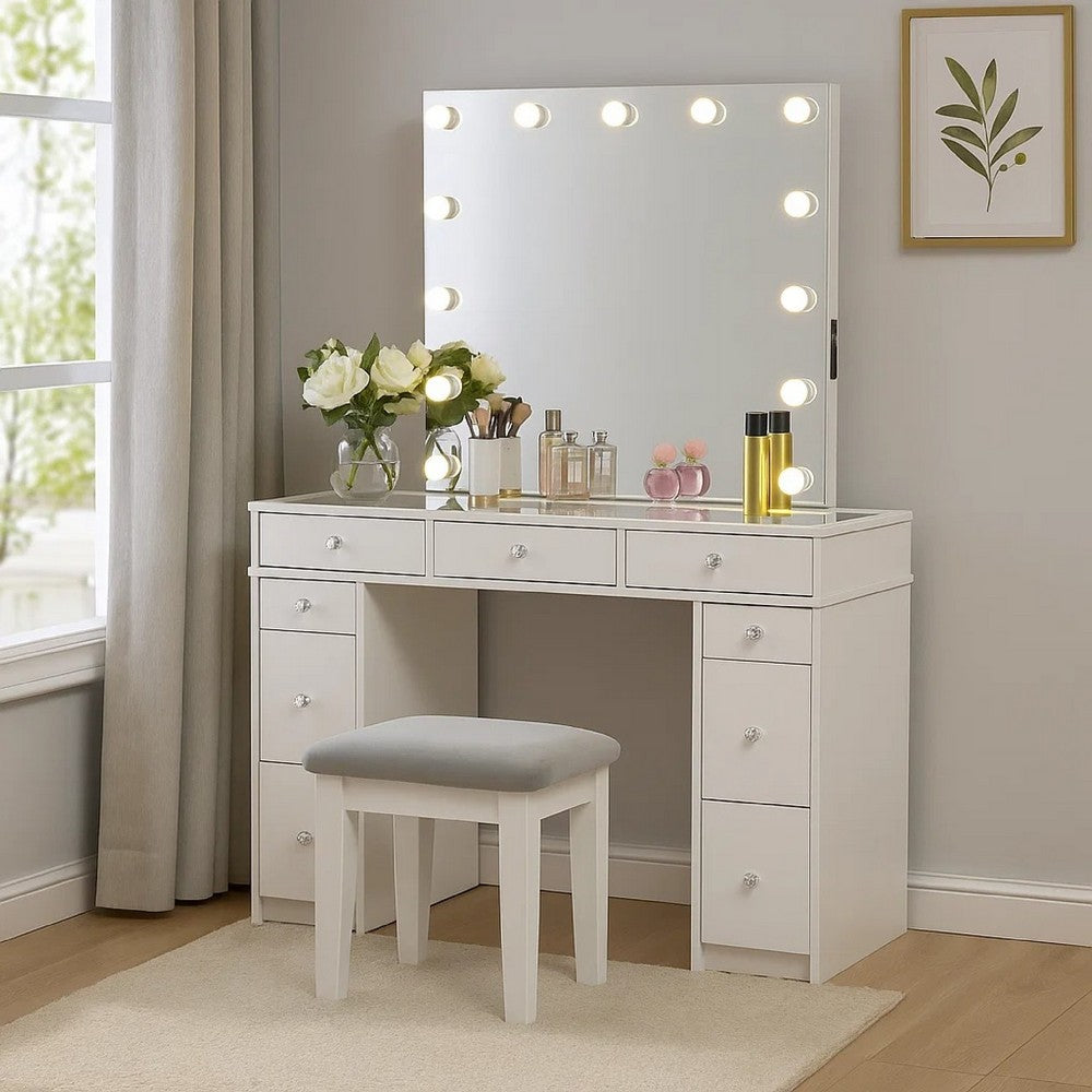 Margo Vanity Set with Lighted Mirror and Padded Stool, White-Gray - BM342561