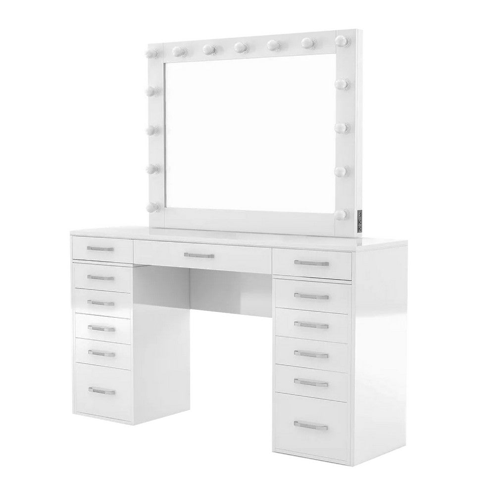 Sheila Vanity Set with Lighted Mirror, Multiple Drawers, White Wood - BM342562