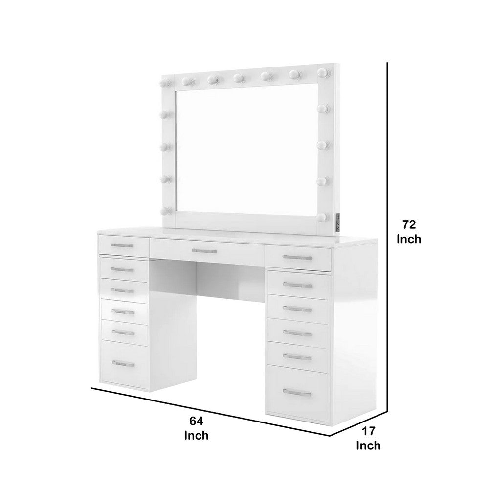 Sheila Vanity Set with Lighted Mirror, Multiple Drawers, White Wood - BM342562