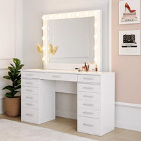 Sheila Vanity Set with Lighted Mirror, Multiple Drawers, White Wood - BM342562