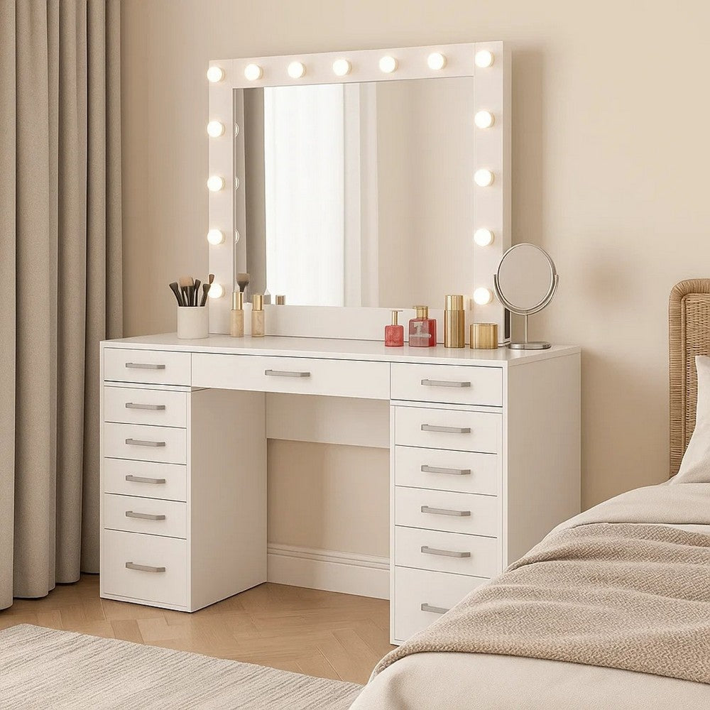 Sheila Vanity Set with Lighted Mirror, Multiple Drawers, White Wood - BM342562