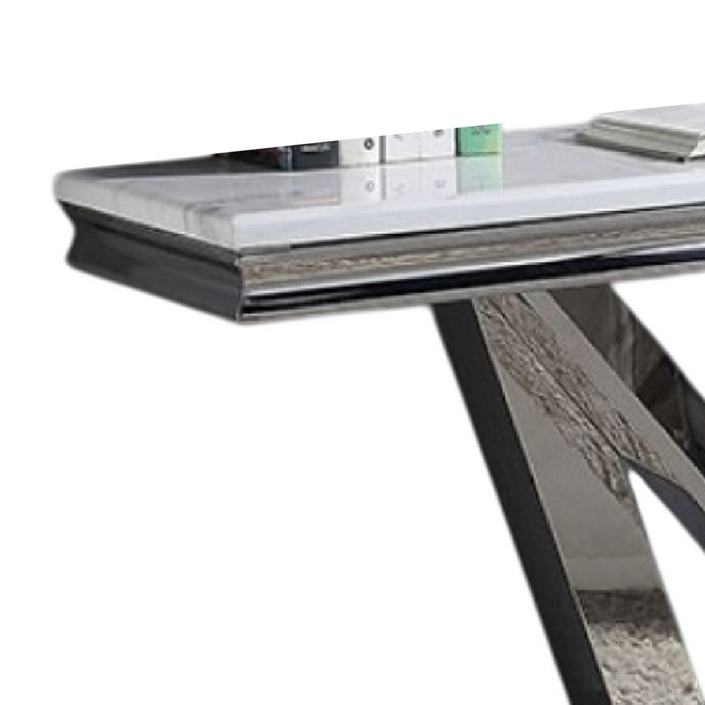 Vily Sofa Console Table, Beveled Faux Marble, Chrome Steel V-Base - BM342570