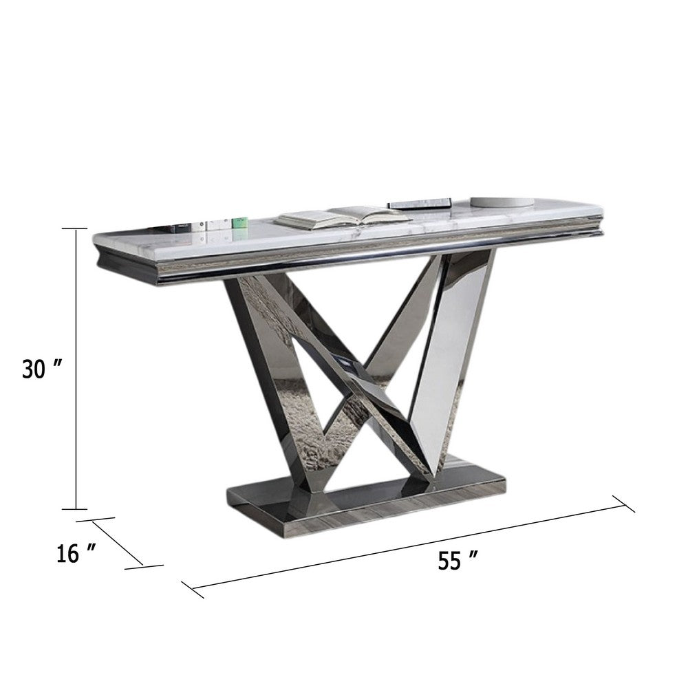 Vily Sofa Console Table, Beveled Faux Marble, Chrome Steel V-Base - BM342570