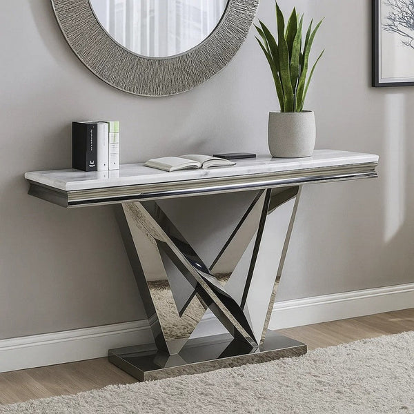 Vily Sofa Console Table, Beveled Faux Marble, Chrome Steel V-Base - BM342570