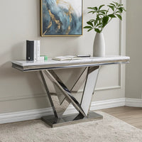Vily Sofa Console Table, Beveled Faux Marble, Chrome Steel V-Base - BM342570