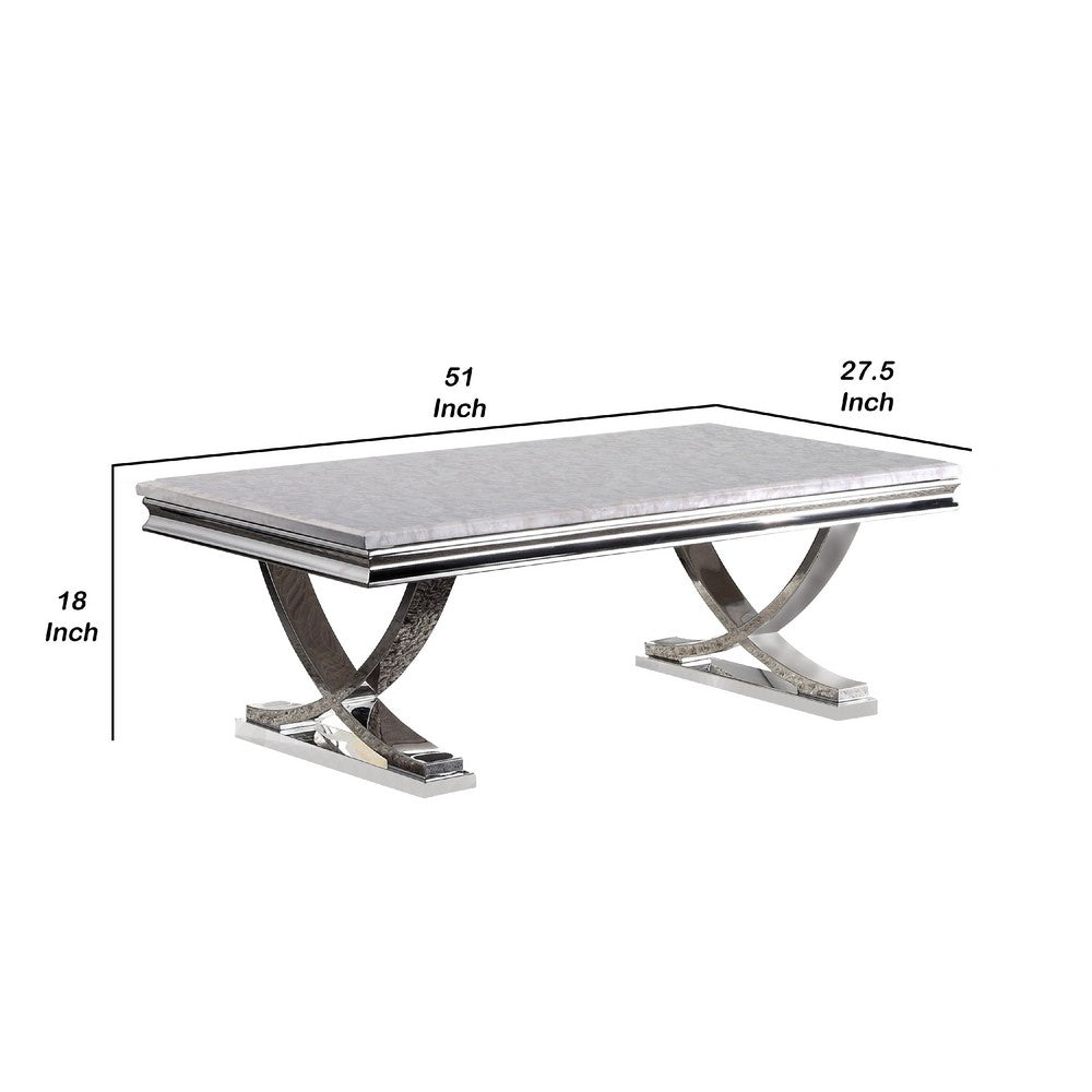 Wety Coffee Table, Faux Marble Top, Chrome Pedestal Base, 51 Inch - BM342571
