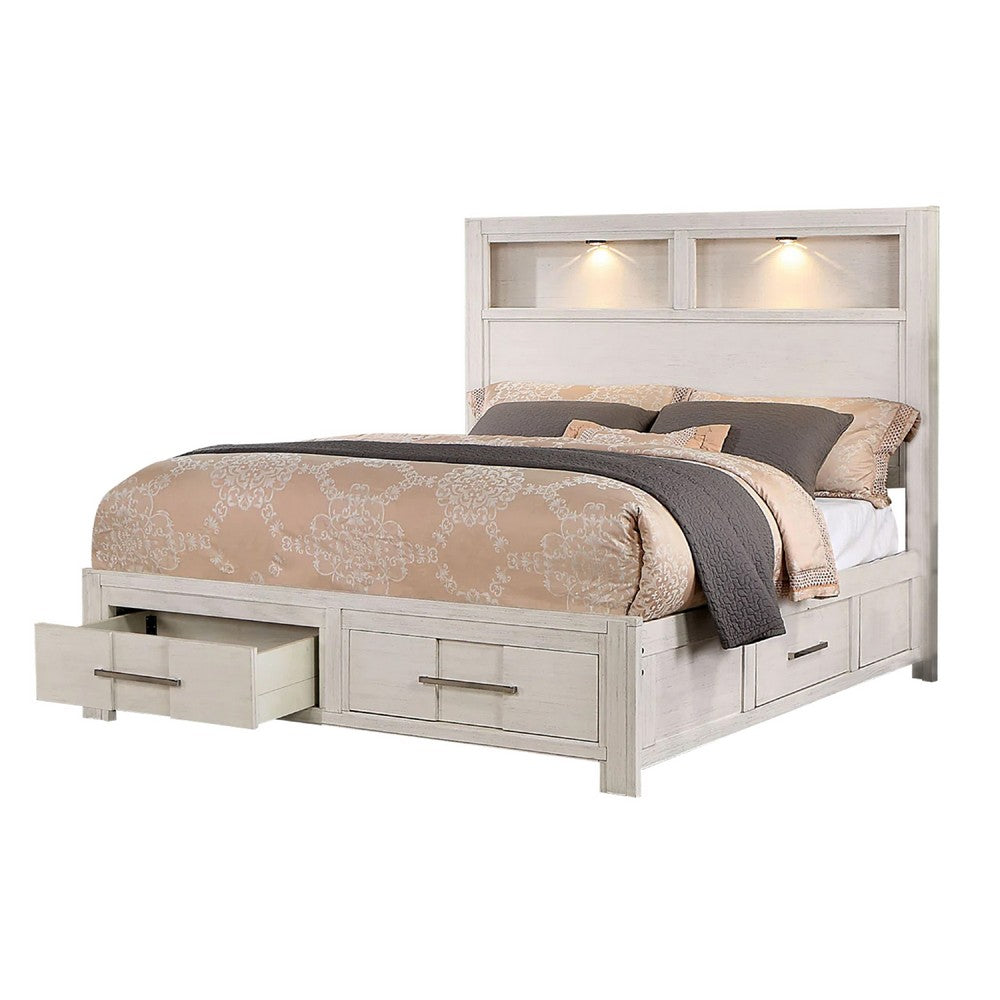 Mimy Queen Bed with Bookcase Headboard, Footboard Storage, White Wood - BM342605