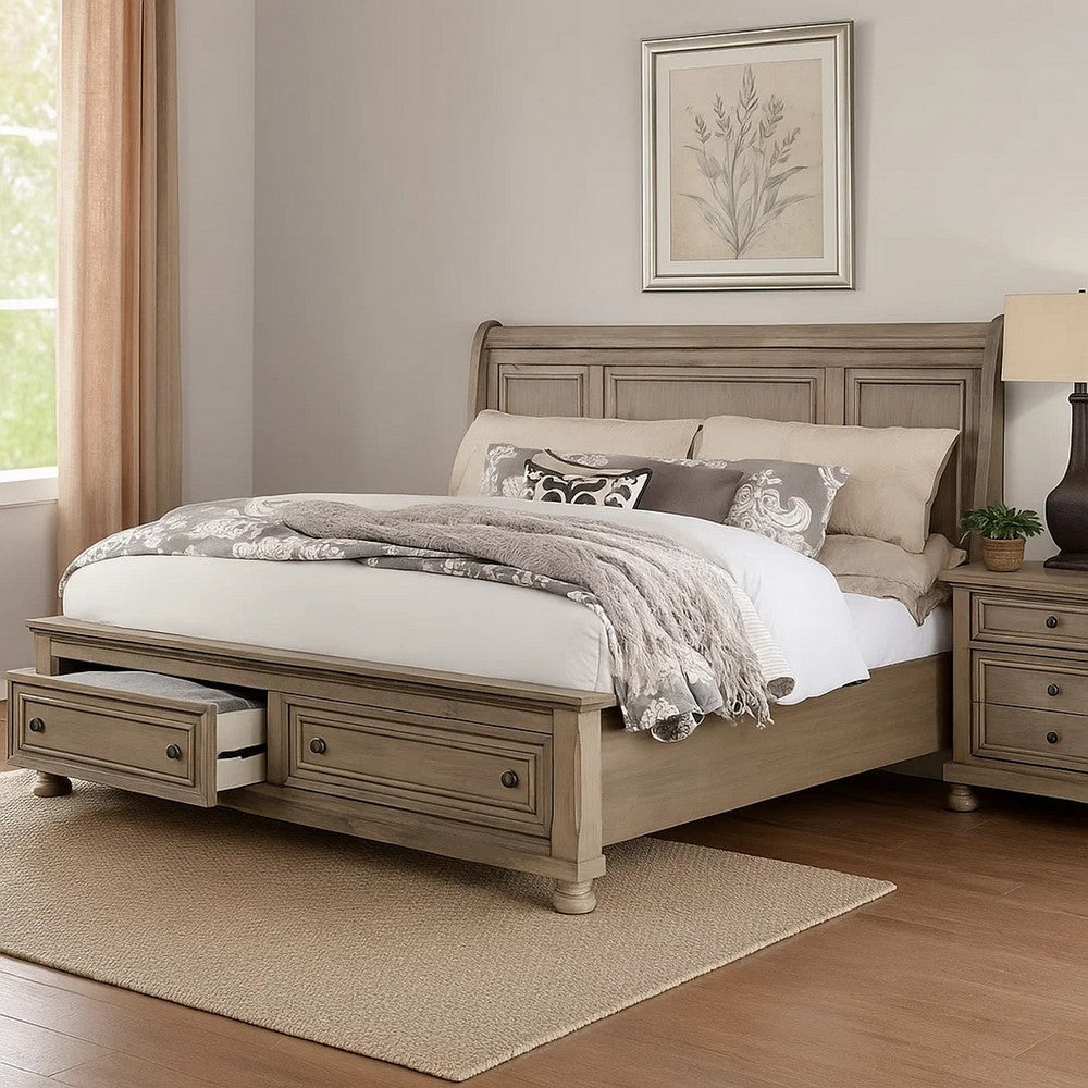 Ava Queen Bed with Footboard Storage and Bun Feet, Gray Solid Wood - BM342607