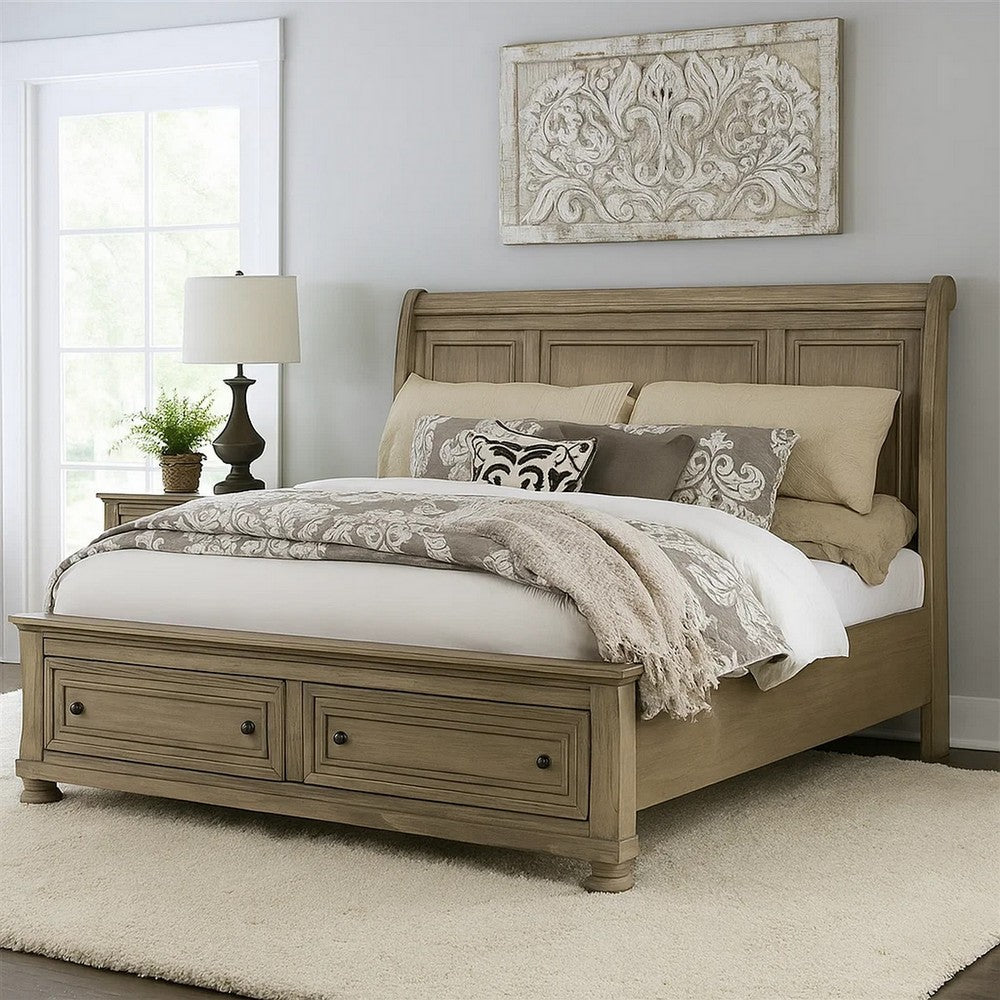 Ava Queen Bed with Footboard Storage and Bun Feet, Gray Solid Wood - BM342607