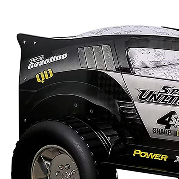 Jacky Kids Twin Bed with Off-Road Car Design, LED Headlights, Black Wood - BM342611