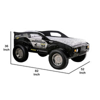 Jacky Kids Twin Bed with Off-Road Car Design, LED Headlights, Black Wood - BM342611