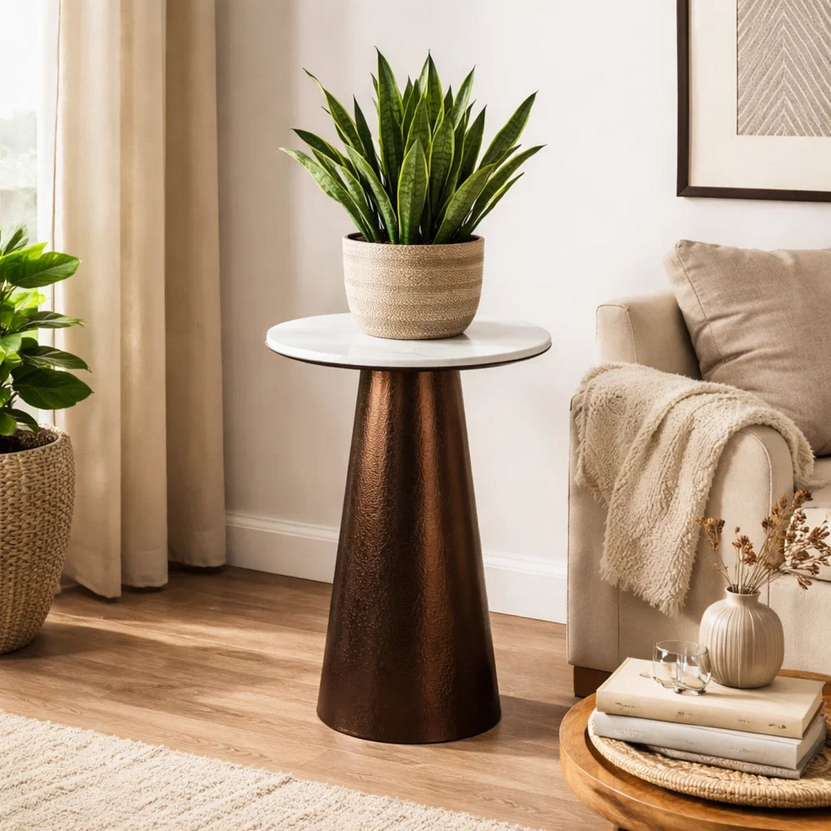 Plant Stand Accent Table, Bronze Metal, White Marble Top, 23 Inch  - BM344397
