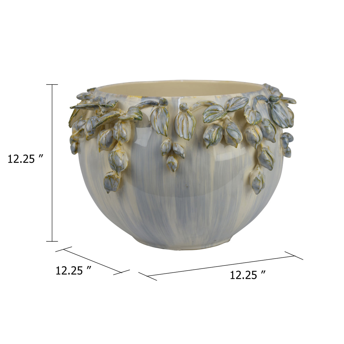 Decorative Bowl Planter, White Ceramic with Floral Garland Rim, 12 Inch  - BM344405