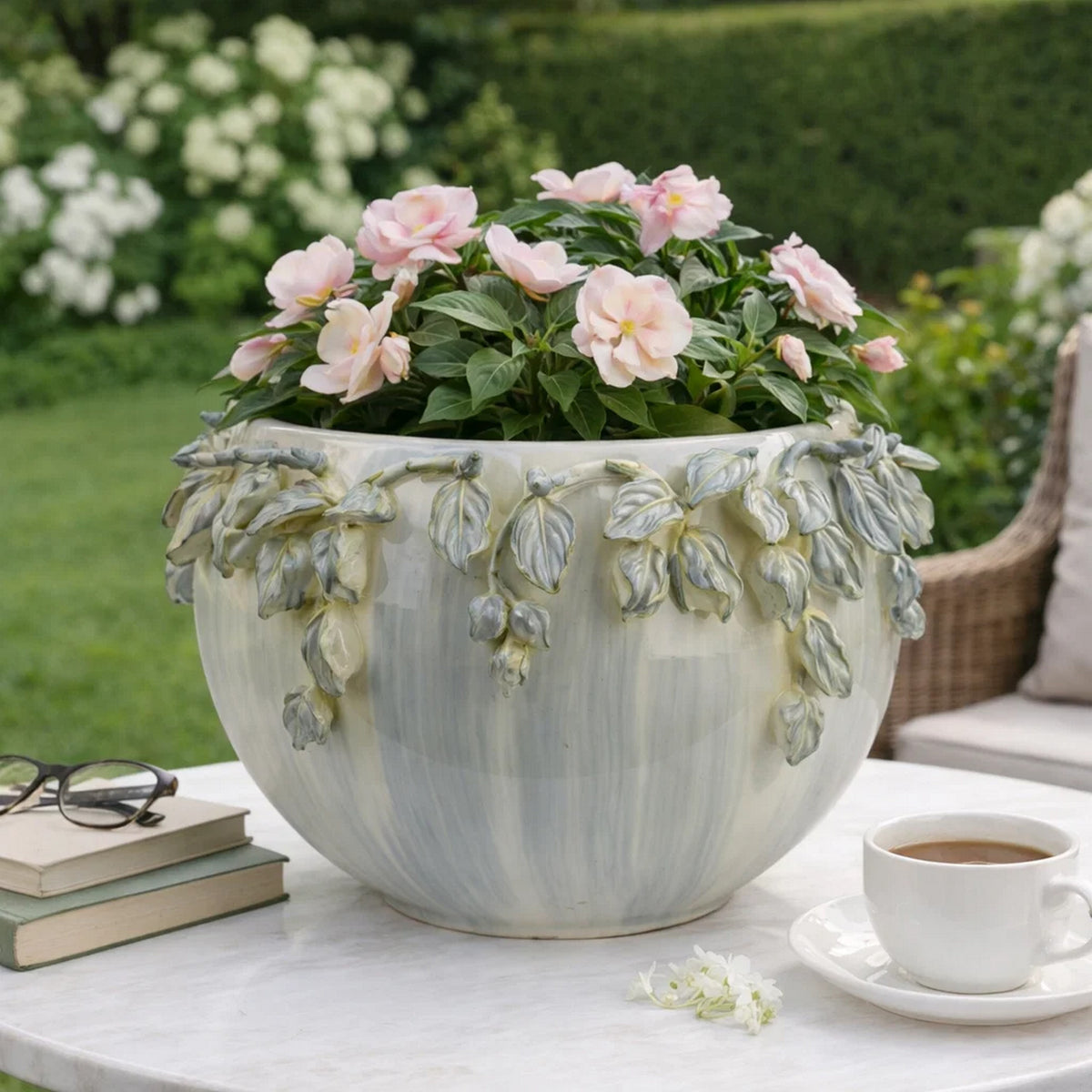 Decorative Bowl Planter, White Ceramic with Floral Garland Rim, 12 Inch  - BM344405