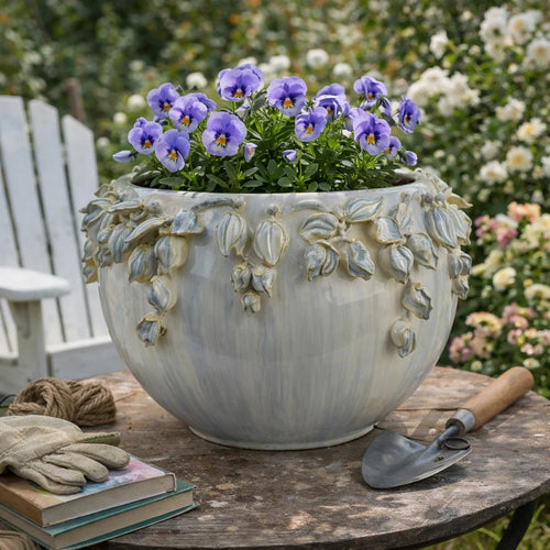 Decorative Bowl Planter, White Ceramic with Floral Garland Rim, 8.5 Inch  - BM344405