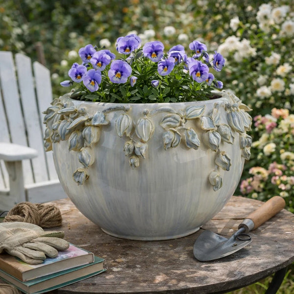 Decorative Bowl Planter, White Ceramic with Floral Garland Rim, 8.5 Inch  - BM344405