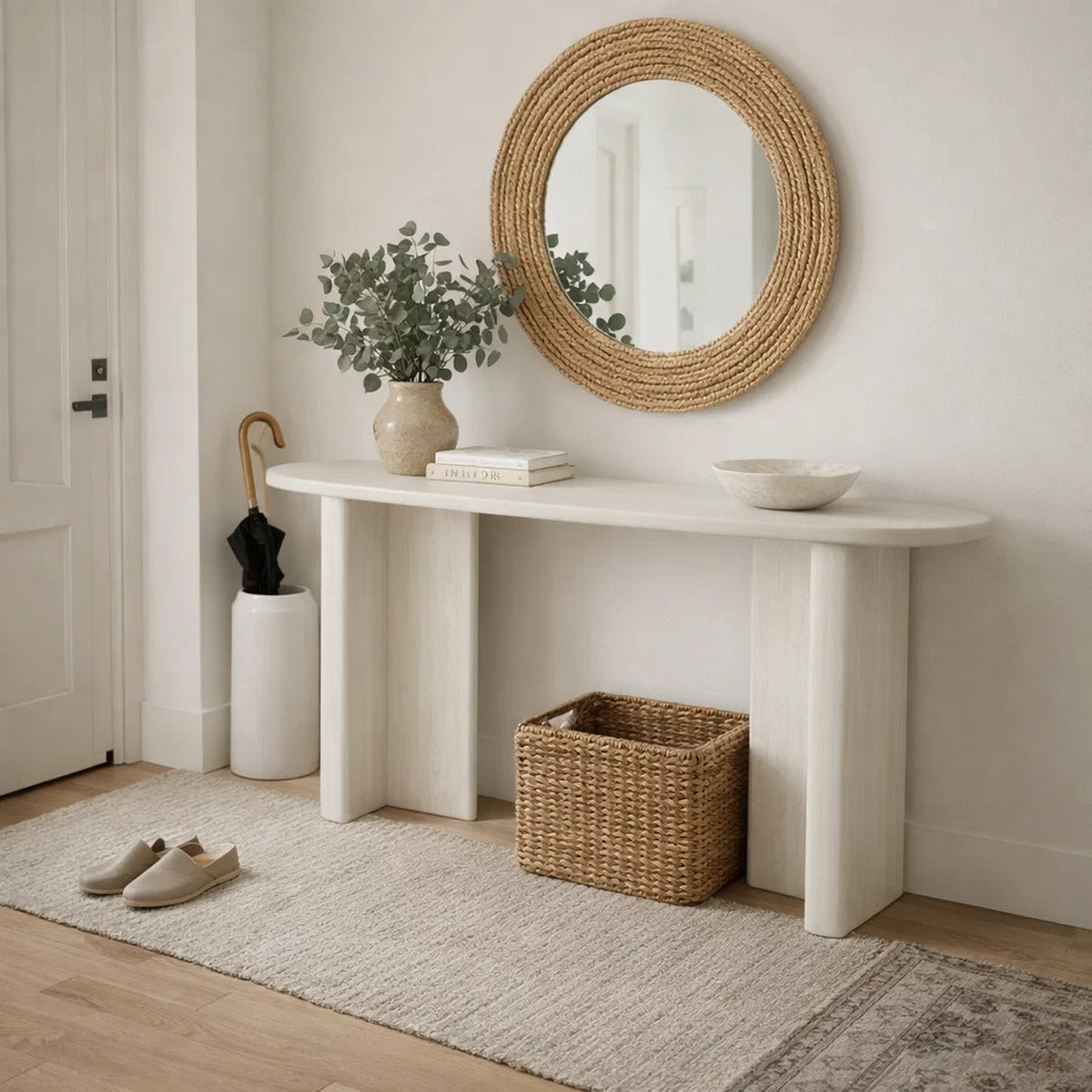 Console Table, White Wood, 63 Inch Rectangular Top with Minimalist Legs  - BM344409
