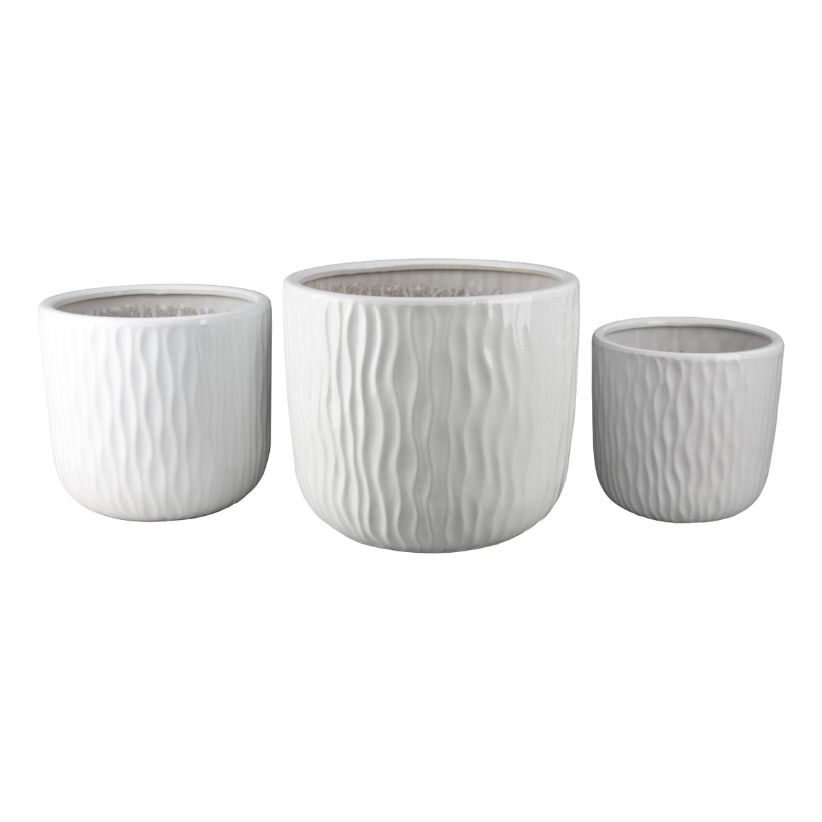Kena Planter Set of 3, White Ceramic, Wave Texture Indoor, 13 10 8 Inch
