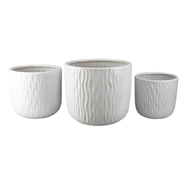 Kena Planter Set of 3, White Ceramic, Wave Texture Indoor, 13 10 8 Inch