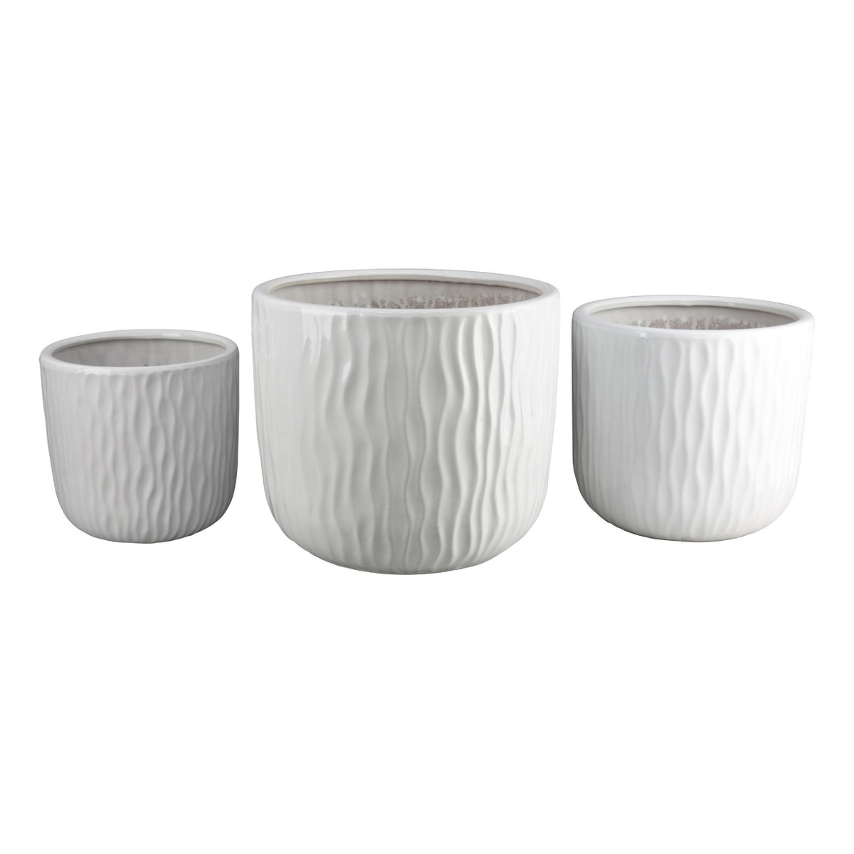 Kena Planter Set of 3, White Ceramic, Wave Texture Indoor, 13 10 8 Inch