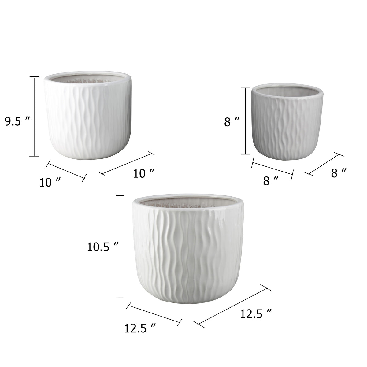 Kena Planter Set of 3, White Ceramic, Wave Texture Indoor, 13 10 8 Inch