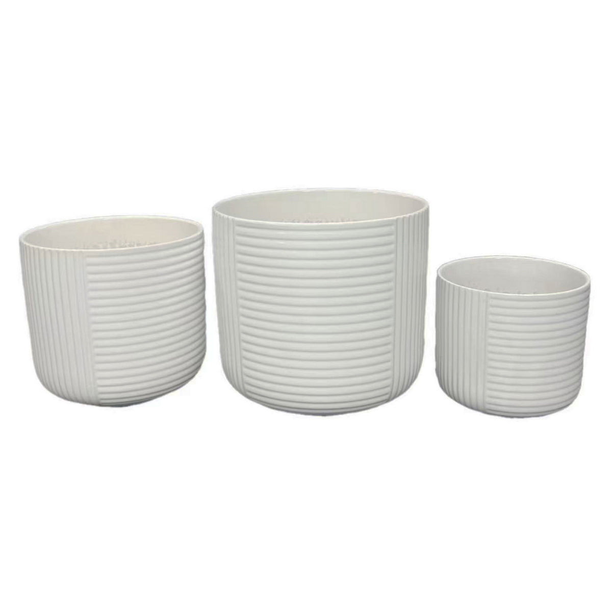 Kena Planter Set of 3, White Ceramic, Ribbed Texture Pots, 12 10 8 Inch  - BM344413