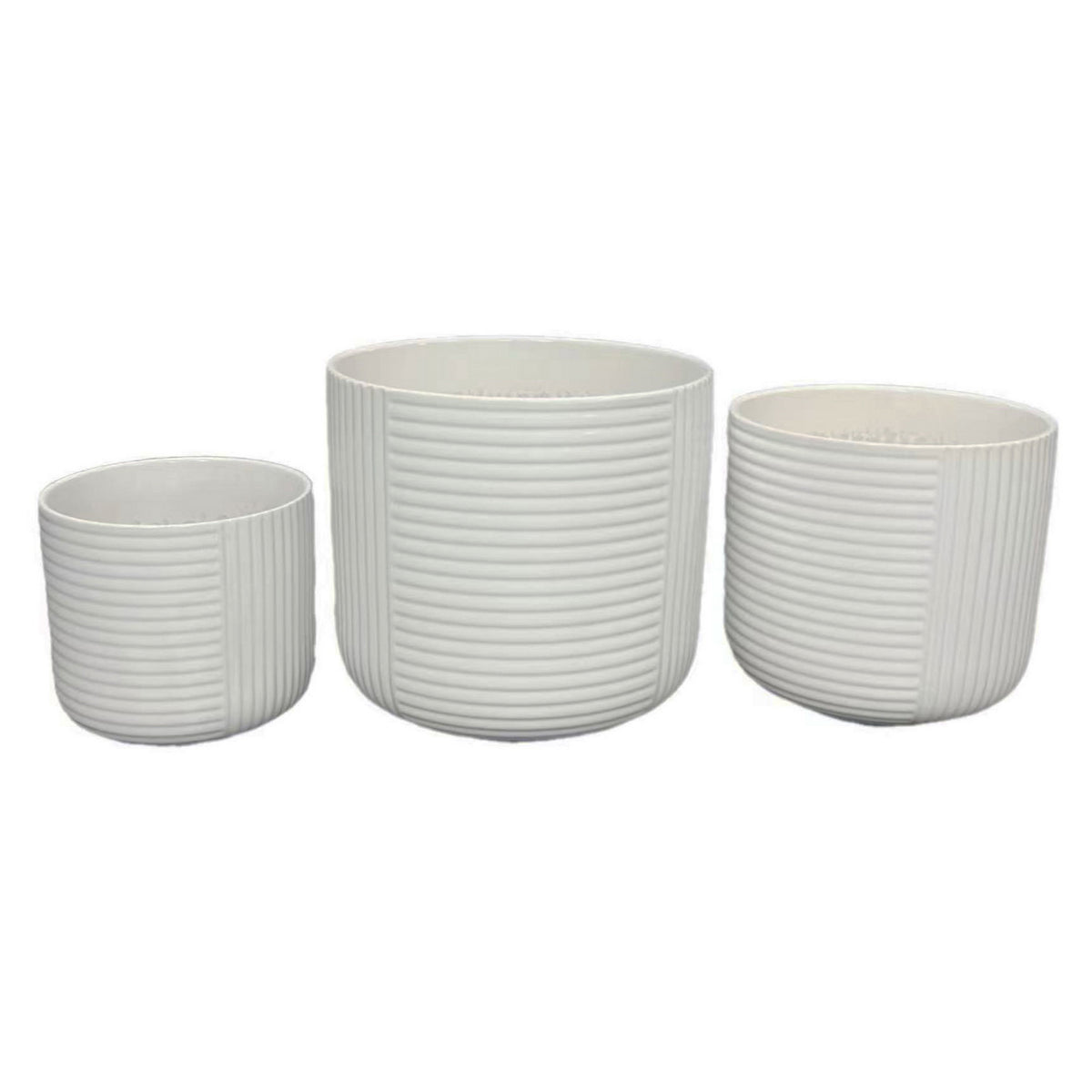 Kena Planter Set of 3, White Ceramic, Ribbed Texture Pots, 12 10 8 Inch  - BM344413
