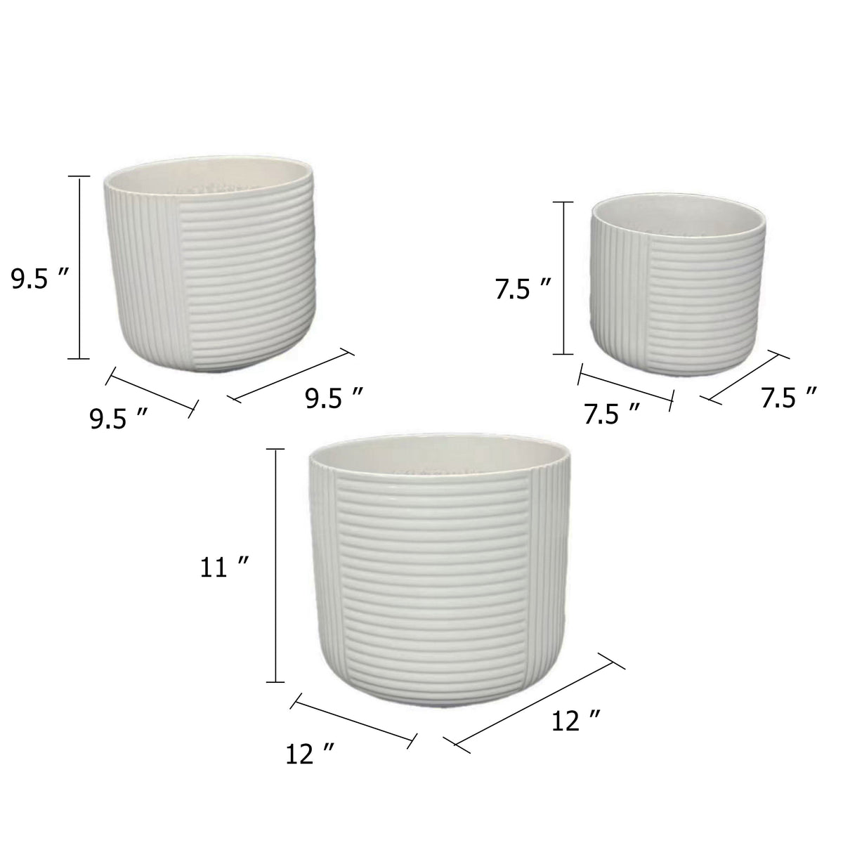 Kena Planter Set of 3, White Ceramic, Ribbed Texture Pots, 12 10 8 Inch  - BM344413