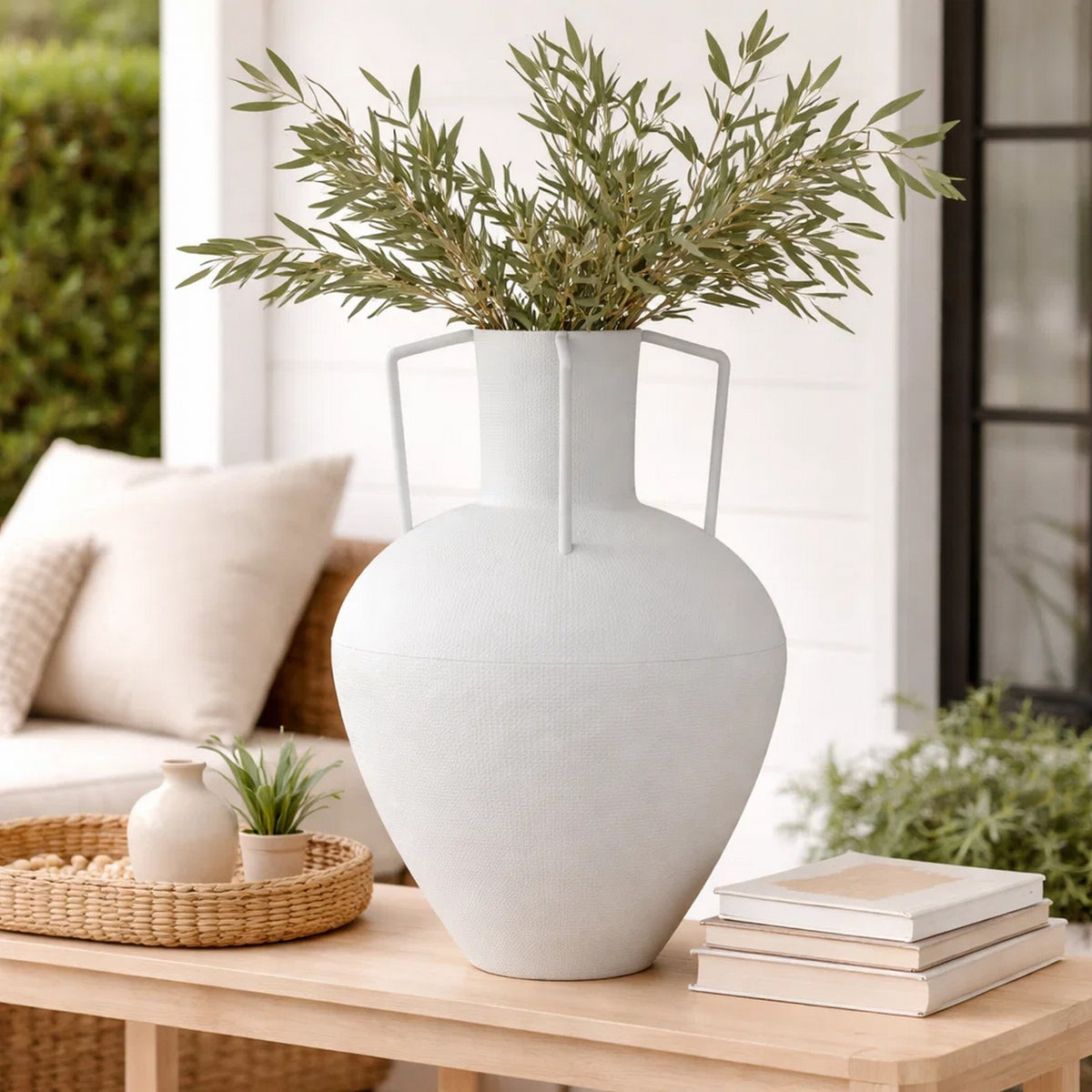Textured Amphora Style Vase, White Metal with Dual Handles, 19 Inch  - BM344418