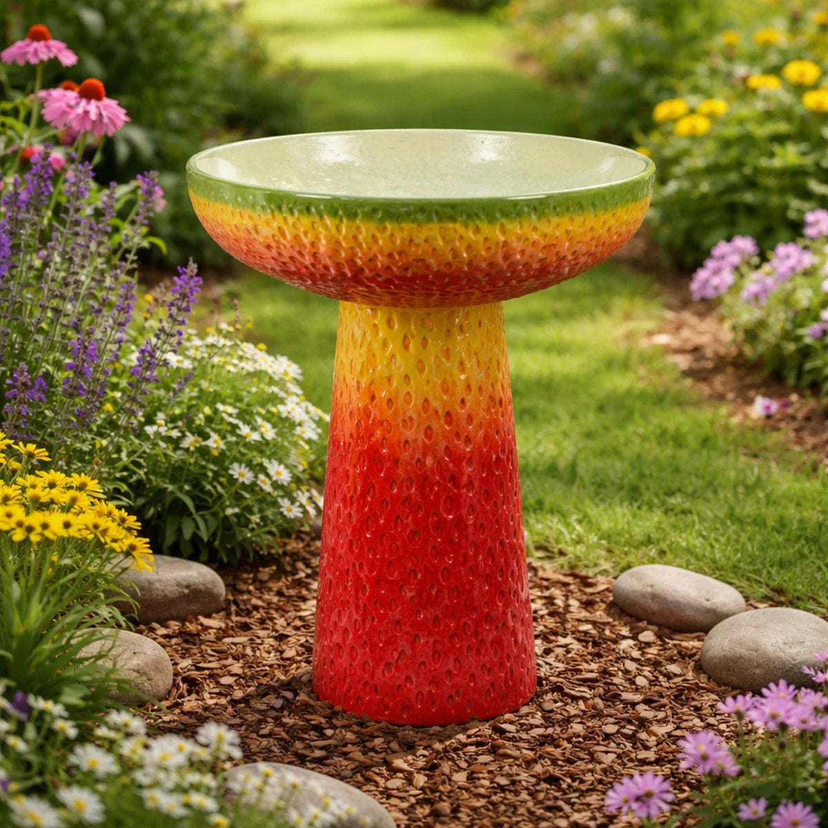 19 Inch Bird Bath, Multicolor Ceramic, Strawberry Pedestal Garden Bowl  - BM344419