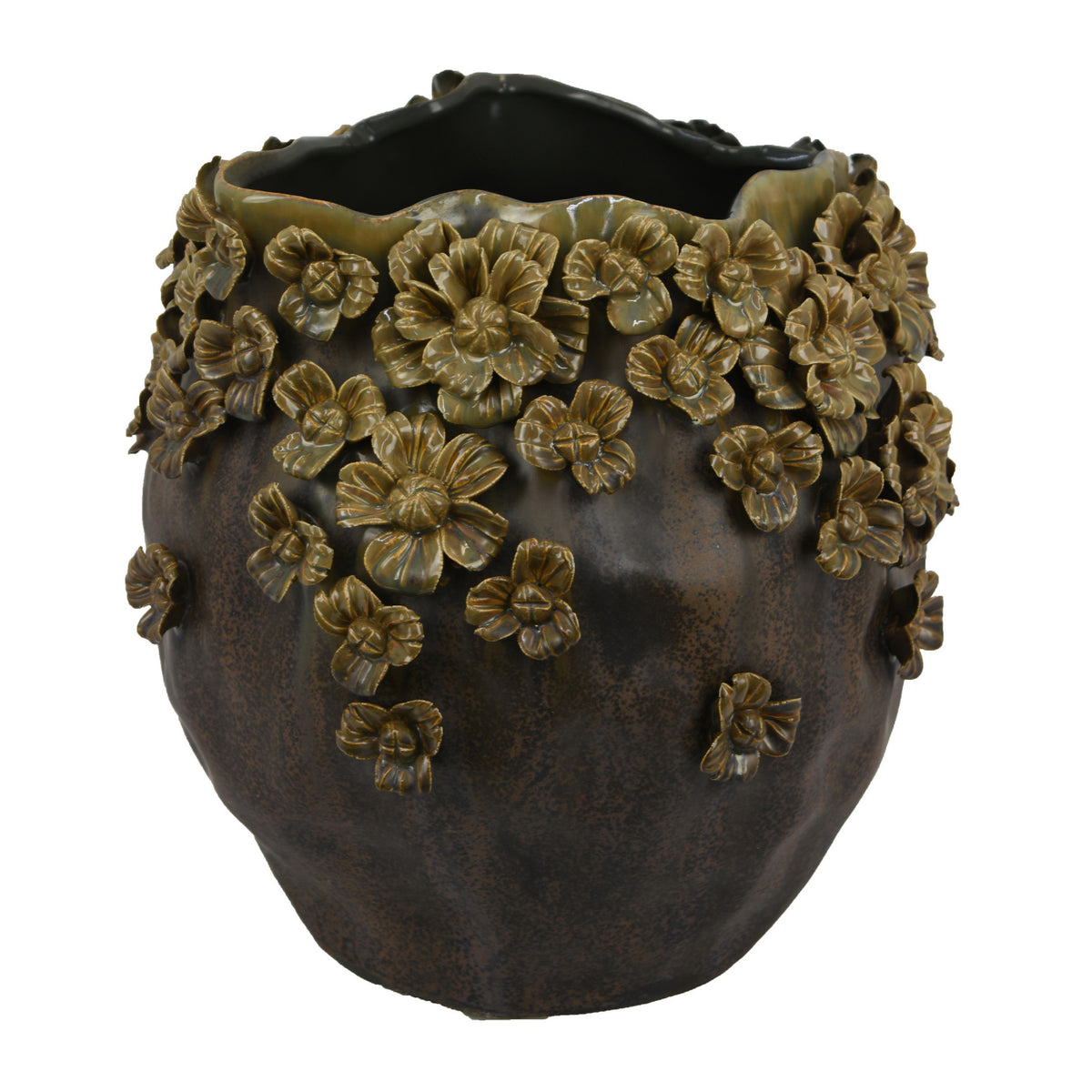 Siya Decorative Vase, Brown Ceramic, Rustic Round Floral Design, 13 Inch  - BM344421