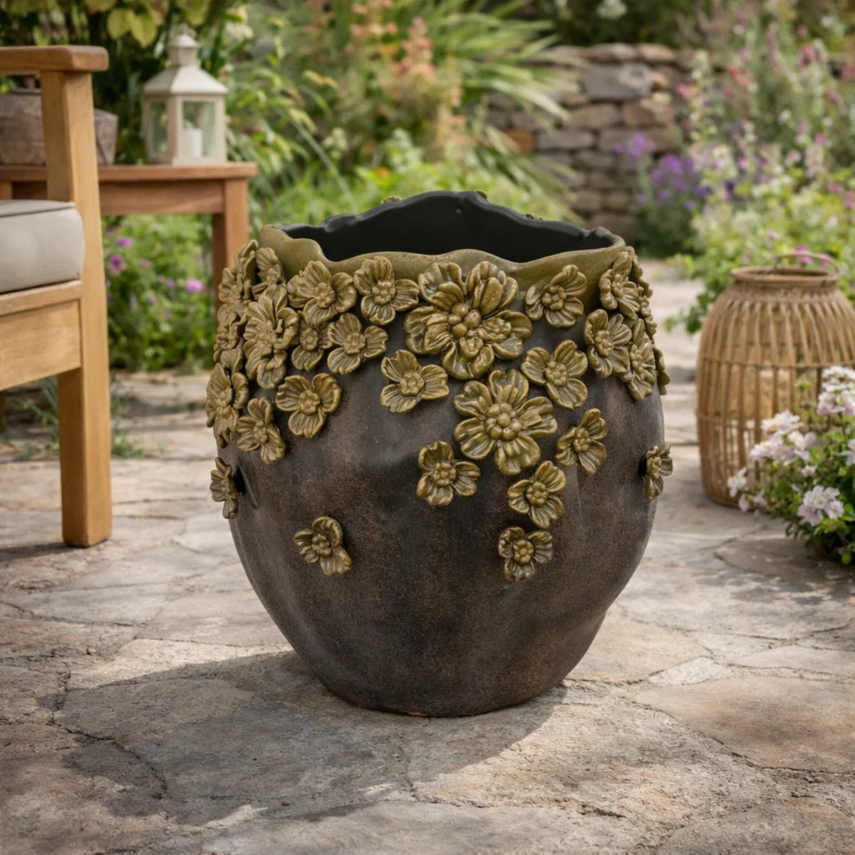 Siya Decorative Vase, Brown Ceramic, Rustic Round Floral Design, 13 Inch  - BM344421