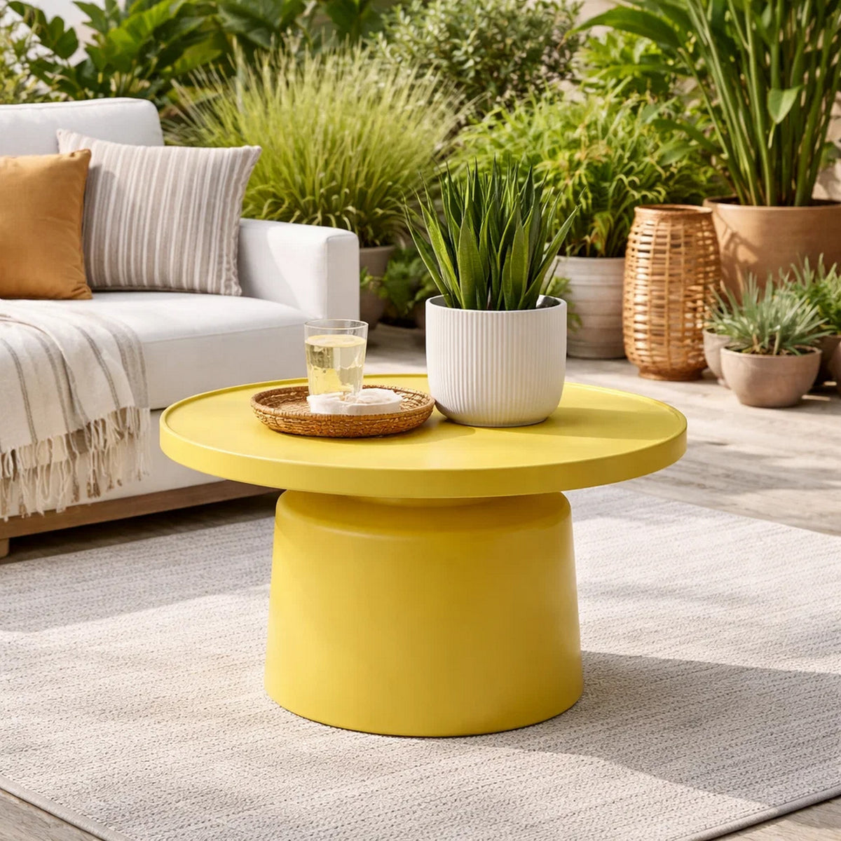 Lumia Plant Stand, Yellow Metal, Minimalist Round Top, 28 Inch  - BM344424