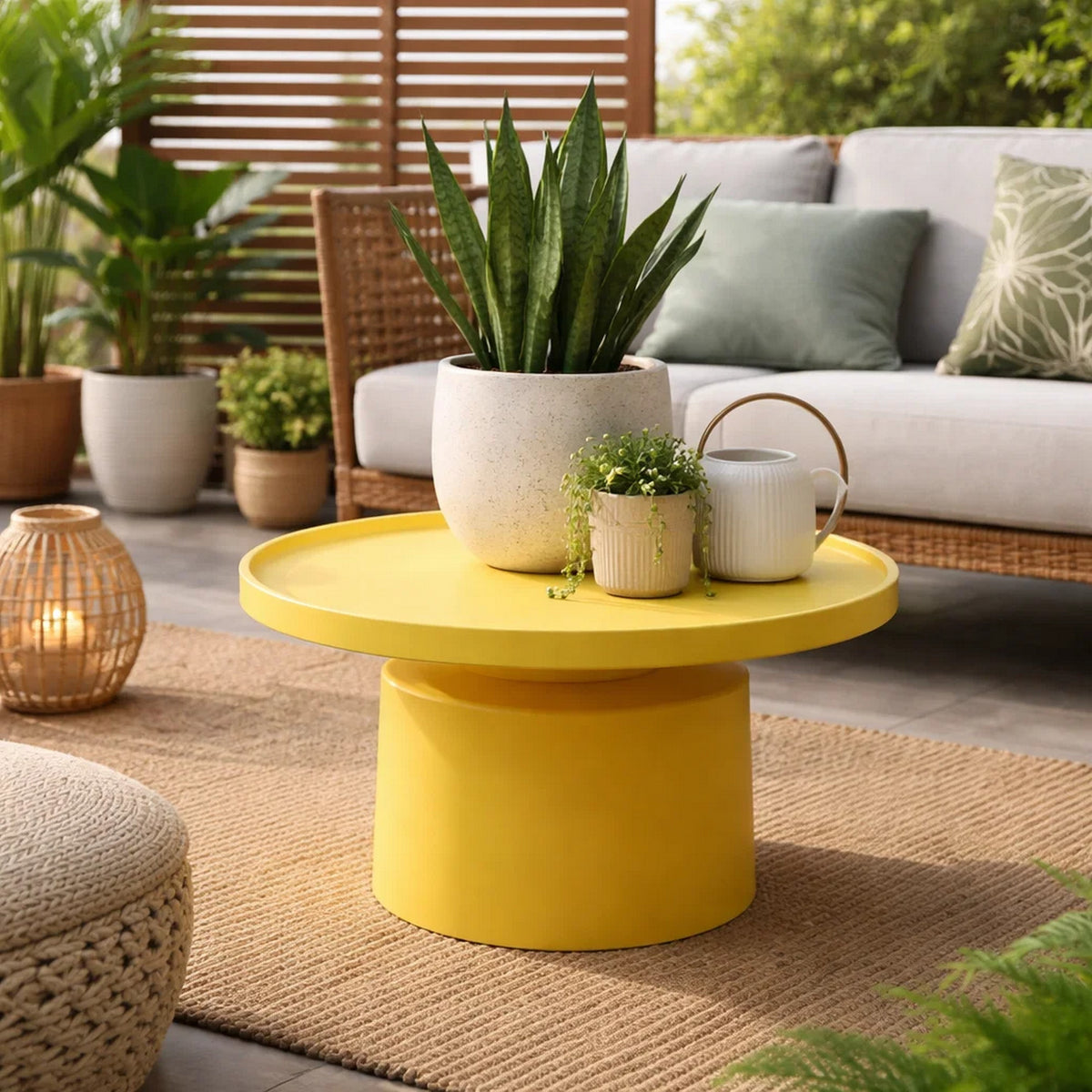 Lumia Plant Stand, Yellow Metal, Minimalist Round Top, 28 Inch  - BM344424
