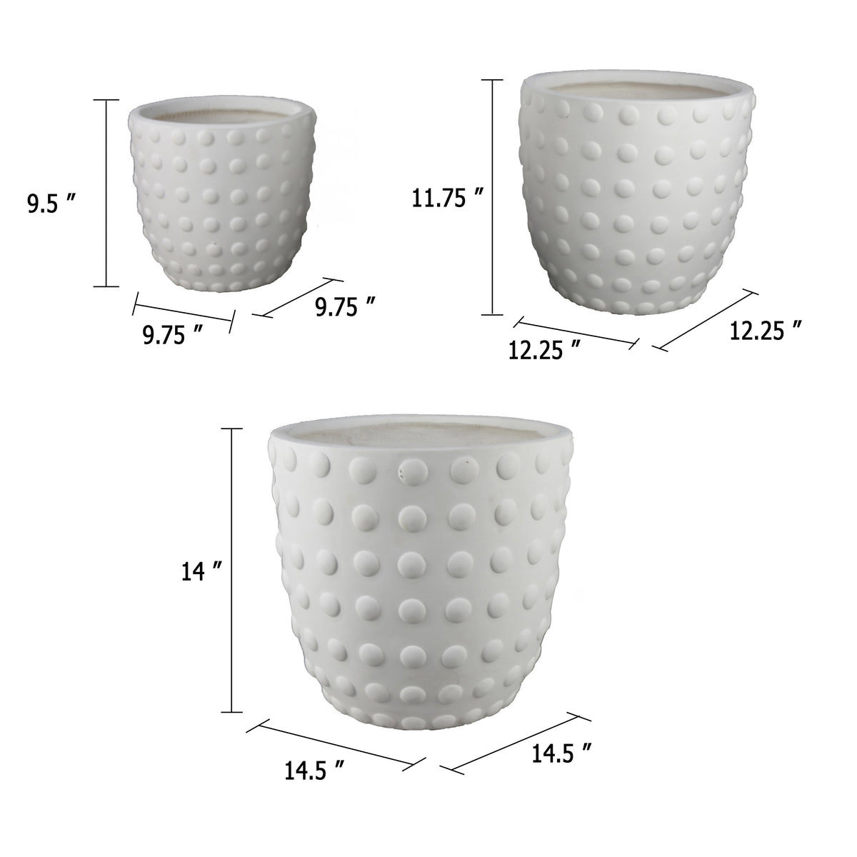 Planter Set of 3, White Resin, Smooth Round Dotted Texture, 15 12 10 Inch  - BM344433