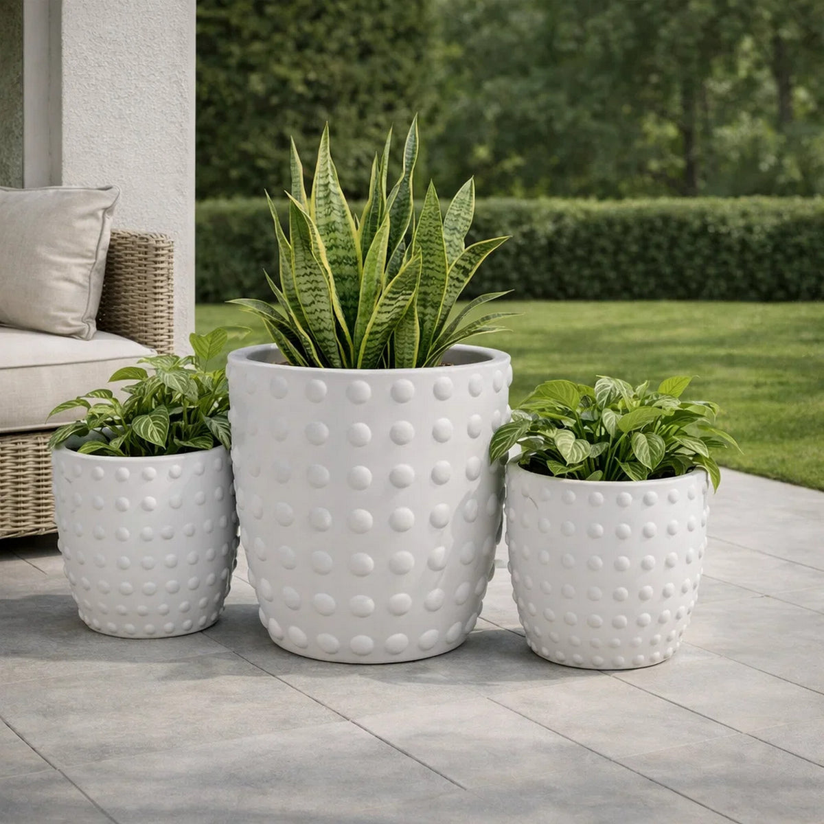Planter Set of 3, White Resin, Smooth Round Dotted Texture, 15 12 10 Inch  - BM344433