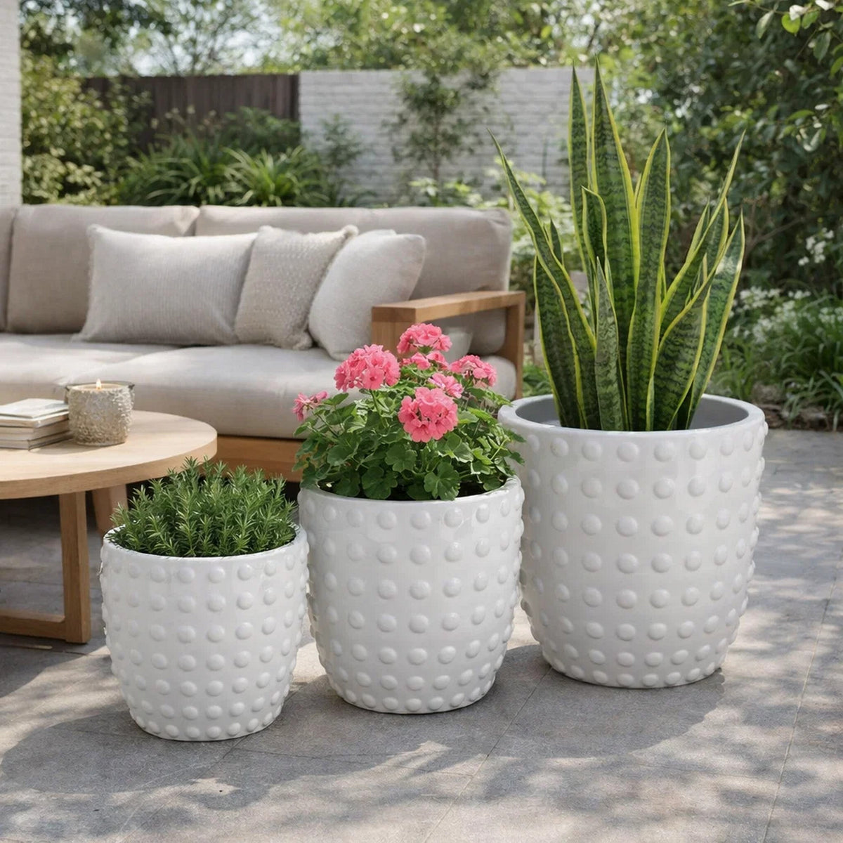 Planter Set of 3, White Resin, Smooth Round Dotted Texture, 15 12 10 Inch  - BM344433