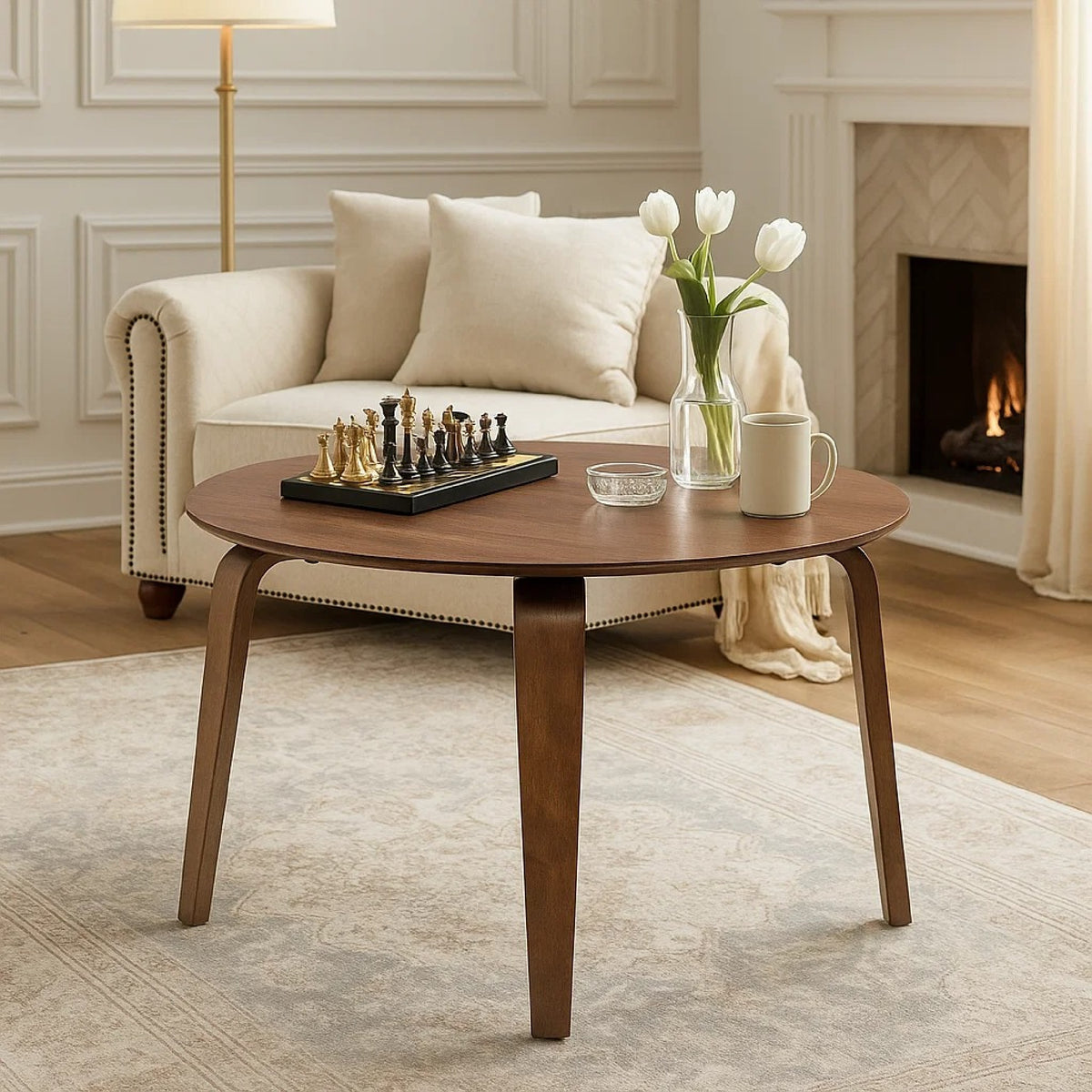 Aby Dining Table, 47 Inch Round Top, Rustic Walnut Brown Splayed Legs