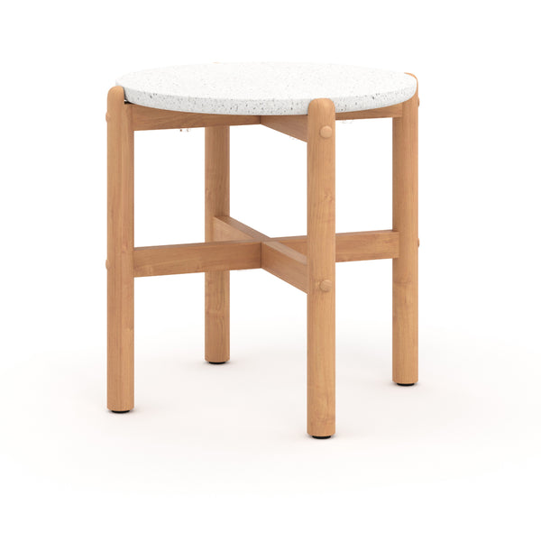Scy Patio Side End Table, 19 Inch White Terrazzo Top, Natural Brown