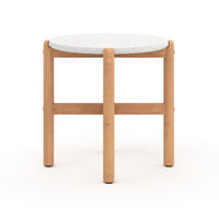 Scy Patio Side End Table, 19 Inch White Terrazzo Top, Natural Brown