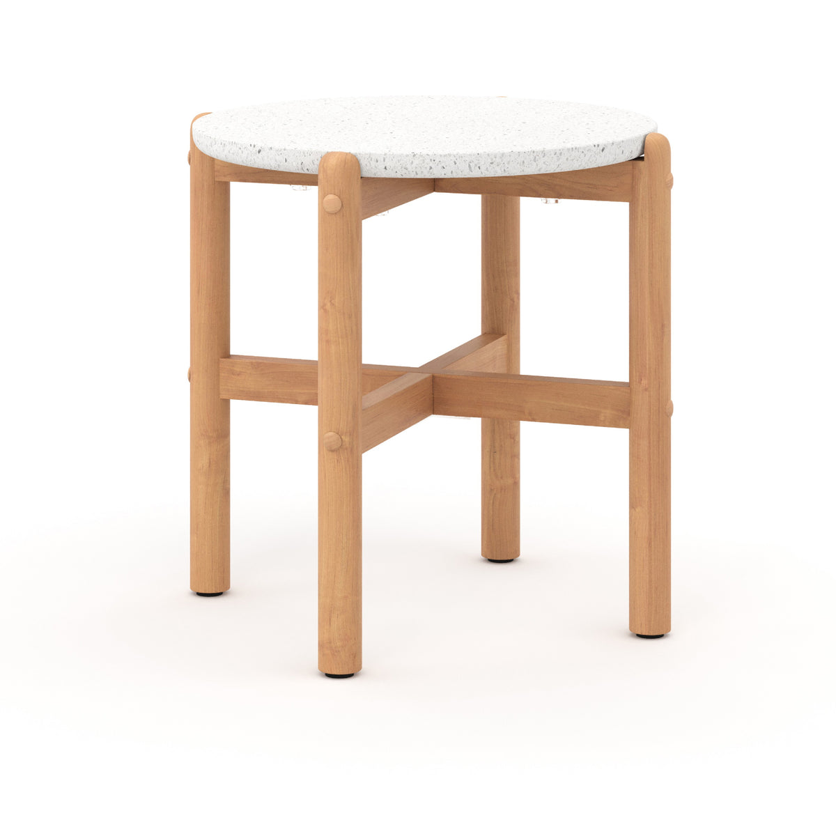 Scy Patio Side End Table, 19 Inch White Terrazzo Top, Natural Brown