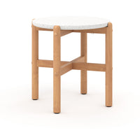 Scy Patio Side End Table, 19 Inch White Terrazzo Top, Natural Brown
