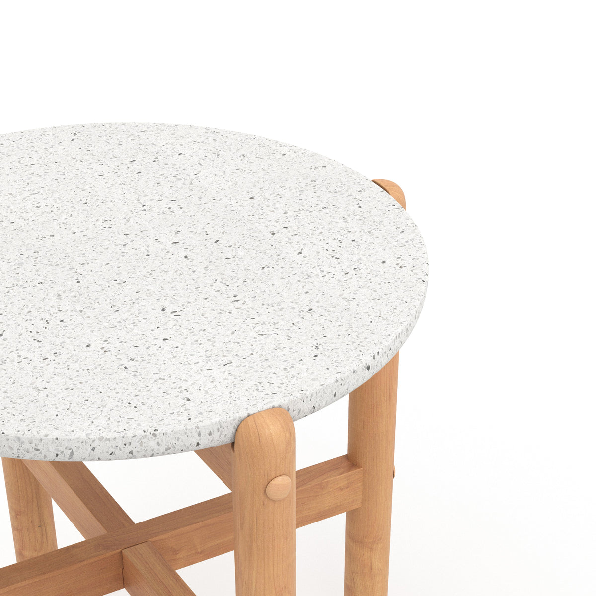 Scy Patio Side End Table, 19 Inch White Terrazzo Top, Natural Brown