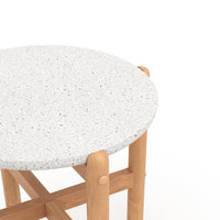 Scy Patio Side End Table, 19 Inch White Terrazzo Top, Natural Brown