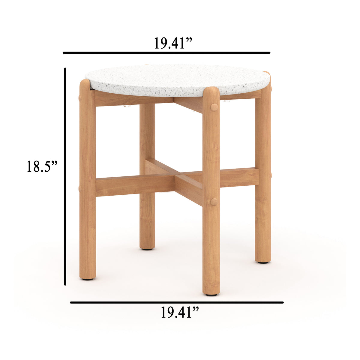 Scy Patio Side End Table, 19 Inch White Terrazzo Top, Natural Brown