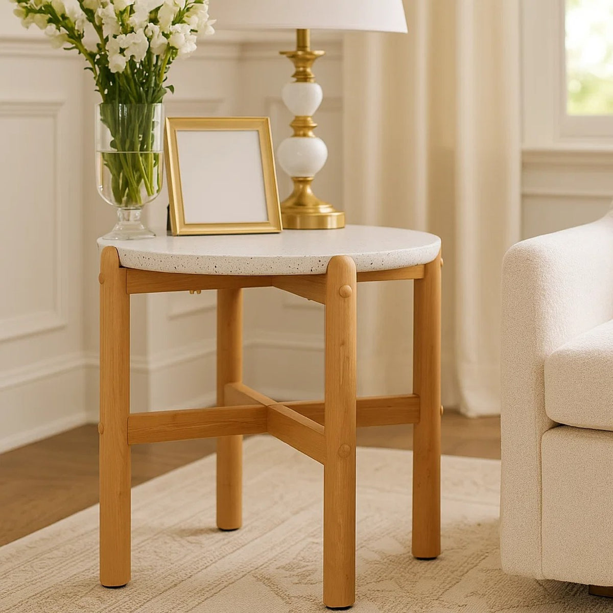 Scy Patio Side End Table, 19 Inch White Terrazzo Top, Natural Brown