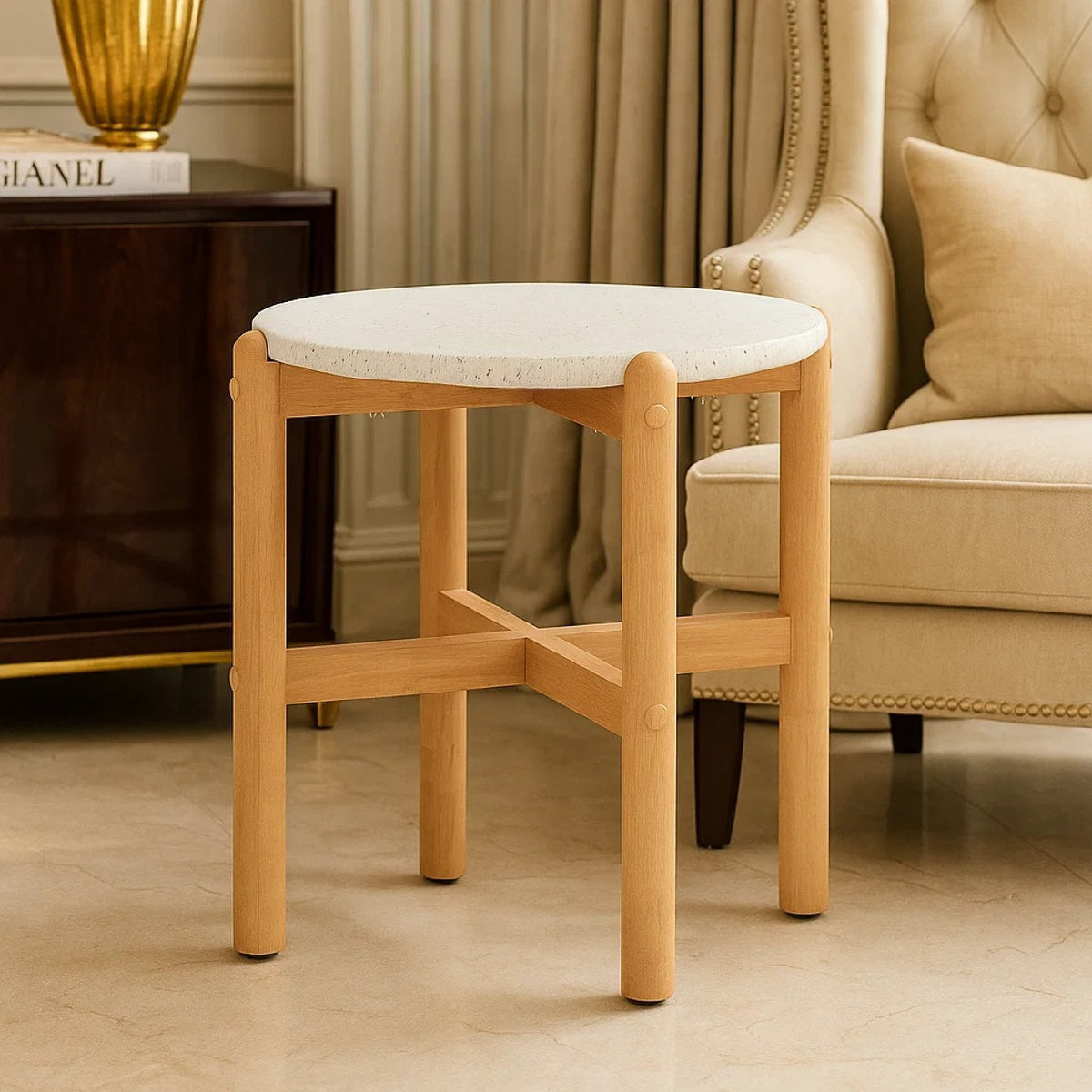 Scy Patio Side End Table, 19 Inch White Terrazzo Top, Natural Brown